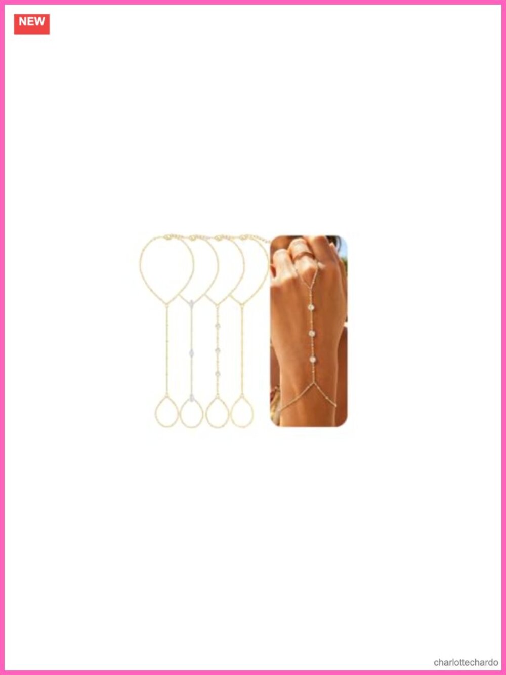 14K Gold Plated Dainty Hand Chain Bracelet Set for Women Stackable Ring